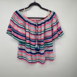 Lilly Pulitzer Sandy Shell Stripe Top Size M Off Shoulder Tassel Coastal Beachy